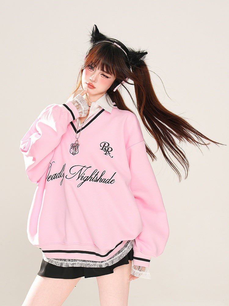 Apricot/Pink Polo Collar Letter Embroidery Spring Loose Sweatshirt Faux Two-pieces