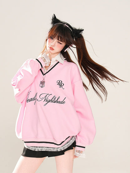 Apricot/Pink Polo Collar Letter Embroidery Spring Loose Sweatshirt Faux Two-pieces