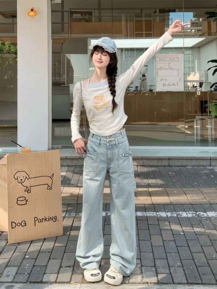 Jean bleu taille haute coupe droite orné d'un nœud
