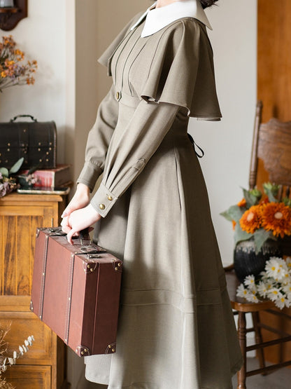 Khaki Detachable Cape Elegant Retro Slimming Dress