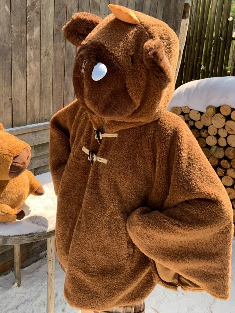 Brown Cute Capybara Hood Zip Closure Fleece Hooded Cape