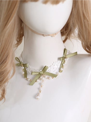 Chain Kei Bowknot Mori Green Beaded White With Gentle Lace Choker Lolita
