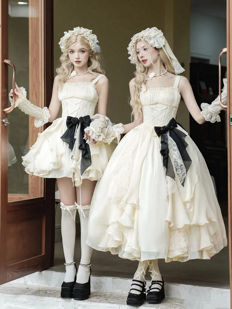 Boned Dress Skirt Cascading Beige Ruffle Classic Version Short Basque Set Waist Lolita Full