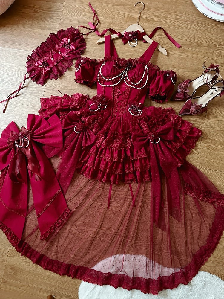 Waist Flower Basque Hem Fairy Skirt Dress Jumper Tiered Red Lolita Hanayome