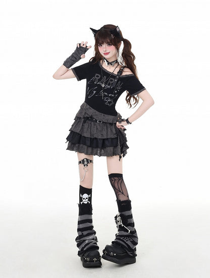 Black Asymmetrical Neckline and Buckle Hem Strap Distressed Holes Graphic T-Shirt