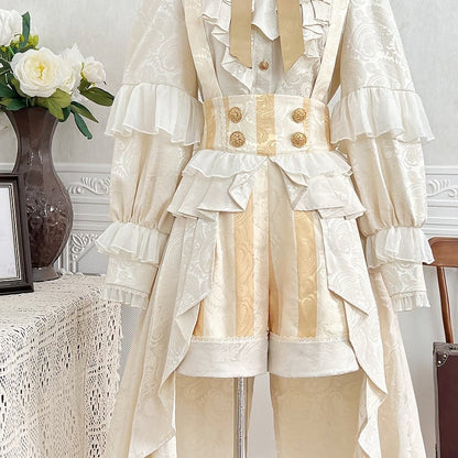 Champagne High Waist Striped Ouji Lolita Overall Shorts with Cascading Ruffle Train