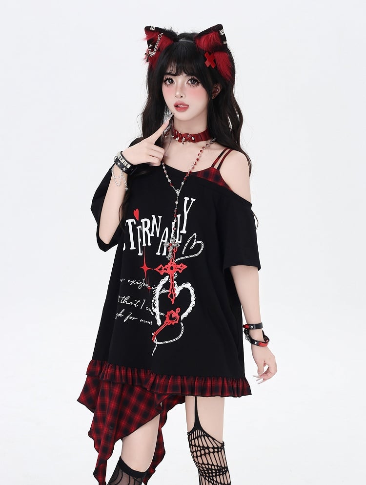 Asymmetrical Red/Purple Plaid Hem Black Punk Rock Graphic T-Shirt