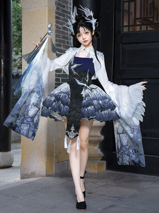 Magpie Applique Tiered Skirt Lolita Dress Cuffs Wide Sleeves Cropped Top