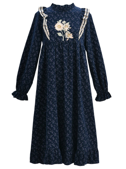 Dark Blue Floral Ruffle Neckline Mori Kei Floral Dress