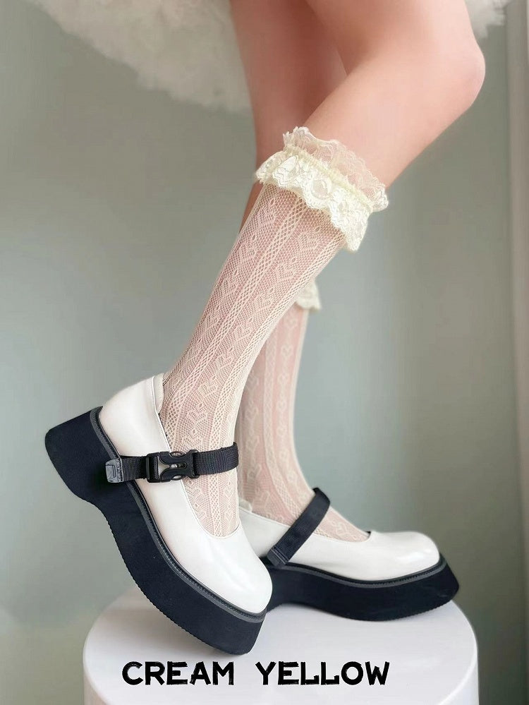 Black Heart Pattern Ruffled Lace Cuff Lolita Calf Socks