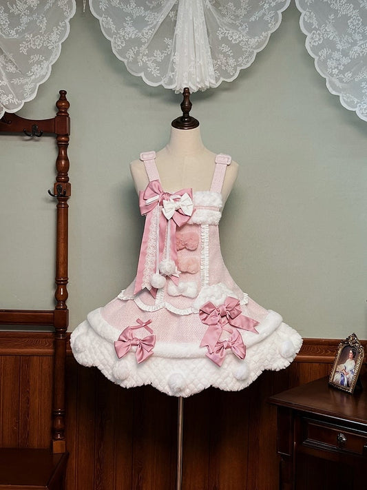 Pom-poms Pink with Lolita Overalls Trim Scalloped Sweet Dress White Bowknots Edge and