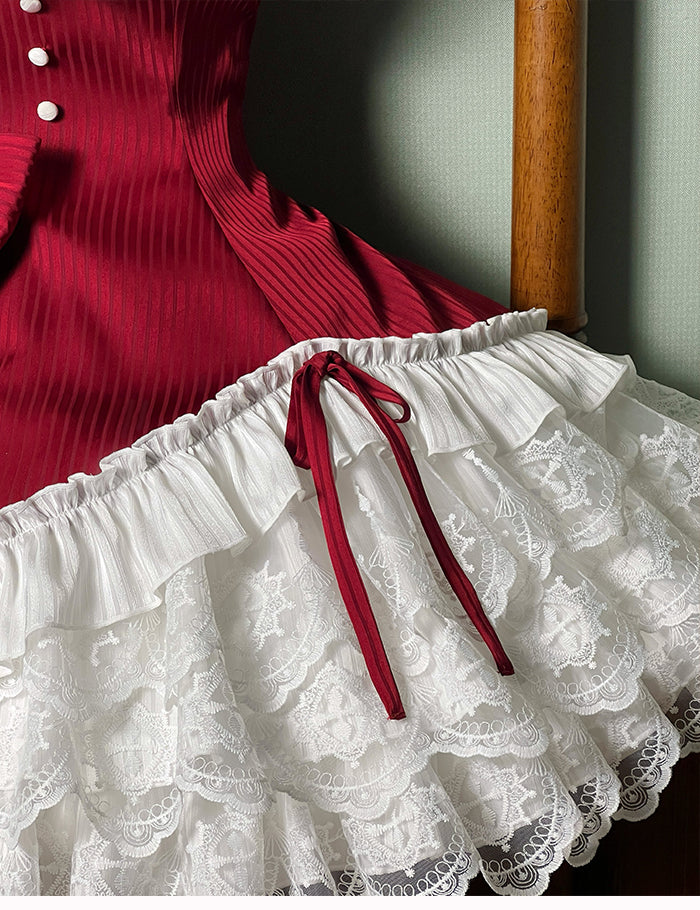 Slim Waist Dress Neck Sleeveless Lolita Ruffle Layered Sweet Fit Striped Fabric Red