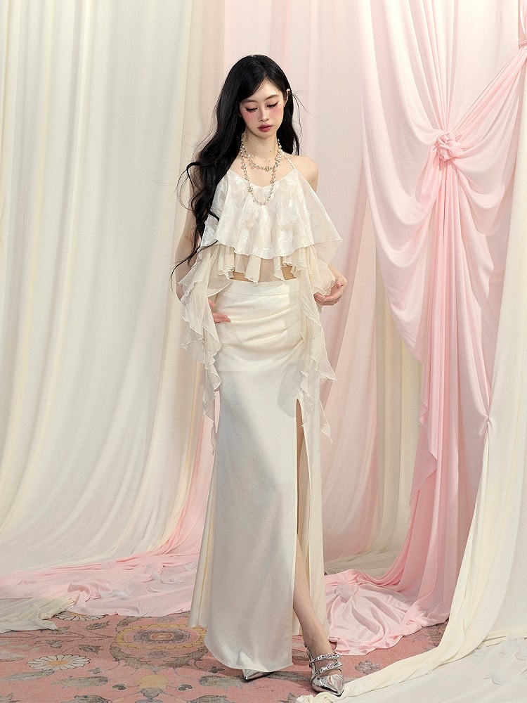 Top/Thigh-high Slit Skirt Apricot Asymmetrical Flounce Hem Halter Neck Chiffon