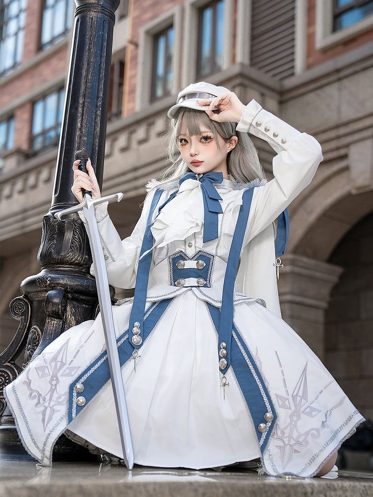 White and Blue Military Lolita Outfit Long Sleeves Top High Waist Skirt