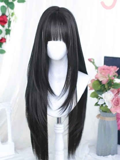With Straight 75-80cm Long Wigs Brown Black/Dark Air Bangs