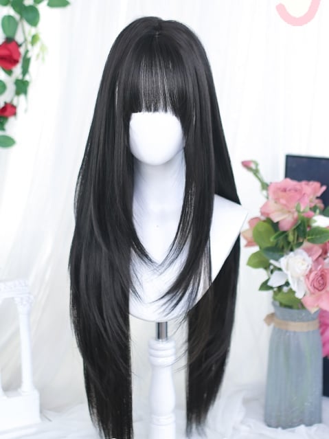 With Straight 75-80cm Long Wigs Brown Black/Dark Air Bangs