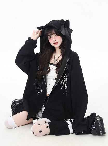 Bone Plushie Schwarz/Grau Zip-up Hoodie mit Kitty Ohren Kapuze und
