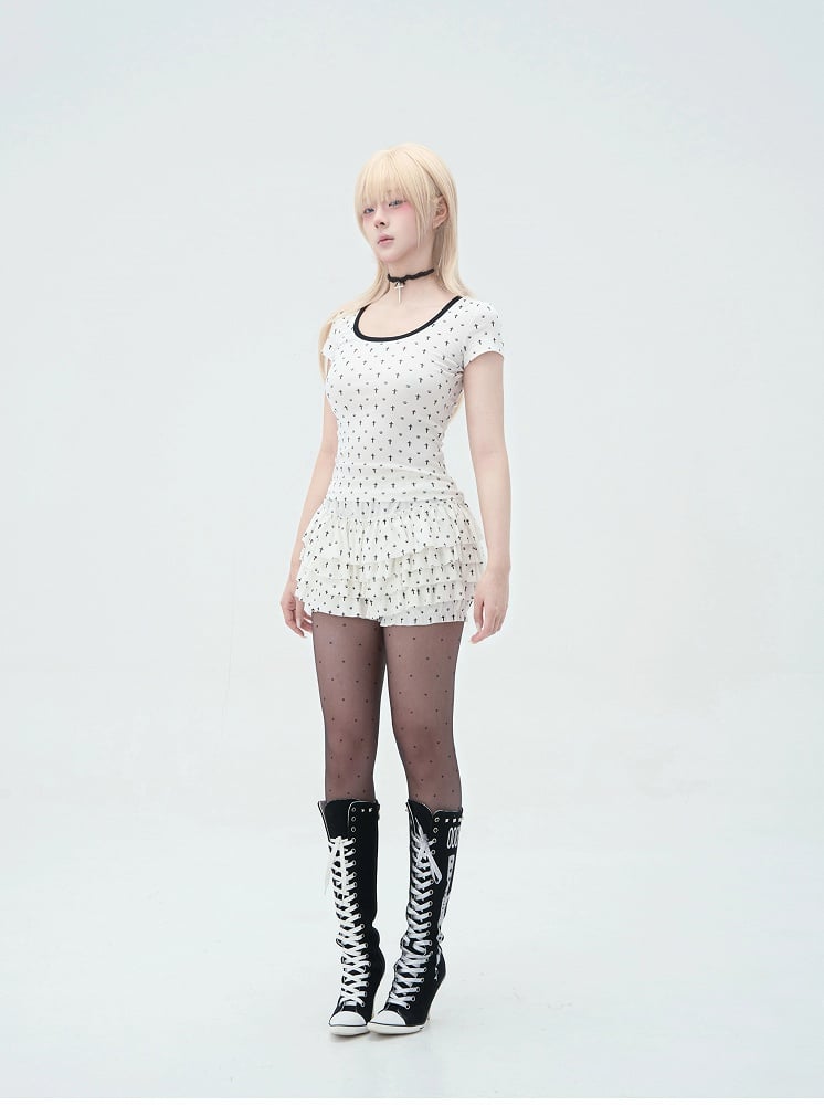 Detail Back Cat Paw Print Cat Ears and T-Shirt White at Allover Black Cross Pastel Gothic