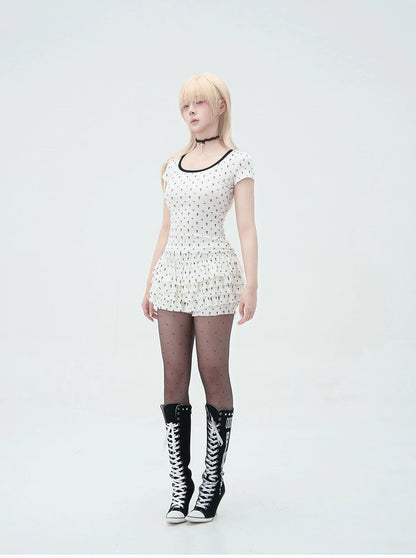 Detail Back Cat Paw Print Cat Ears and T-Shirt White at Allover Black Cross Pastel Gothic