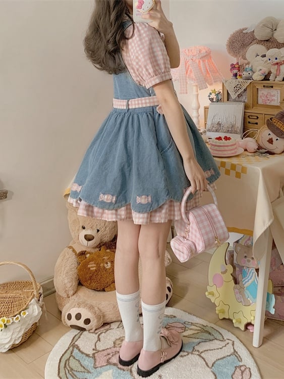 Light Blue Candies Sweet Denim Overall Dress Scalloped Edge Trim Skirt