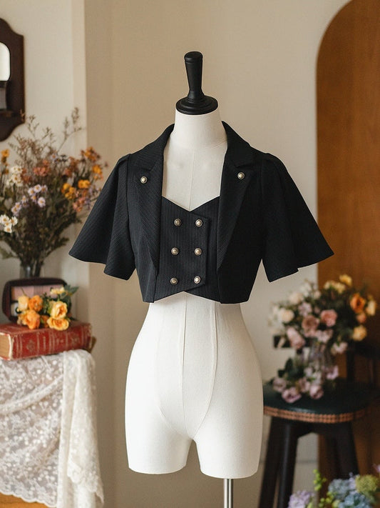Black Retro Fashion Blazer Collar Cropped Top