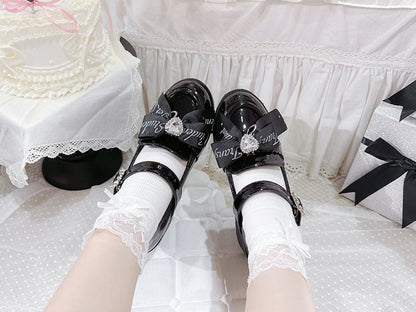 Polished Black Heart-Shaped Rhinestone Bow at Top Block Heel Mary Janes