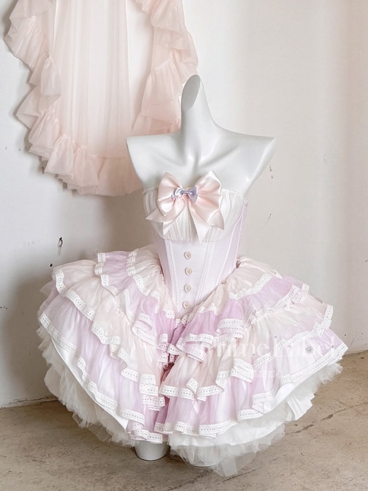 Pink Balletcore Boned Waist Strapless Puffy Dress