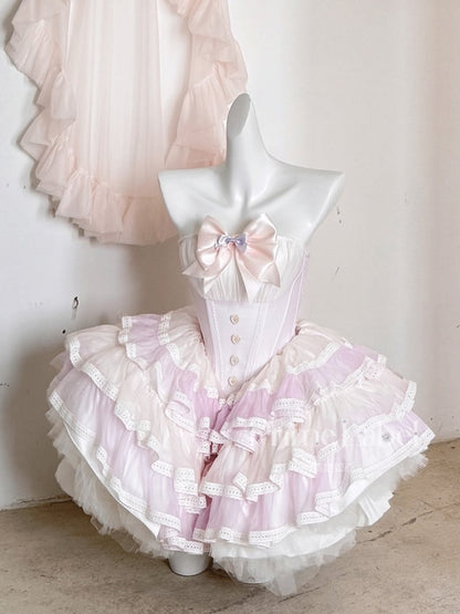 Pink Balletcore Boned Waist Strapless Puffy Dress