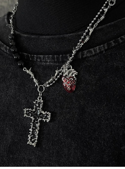 Silver Crossand Heart Pendant Thorn Necklace