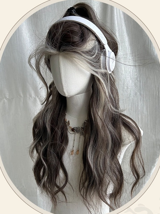 Brown And Blonde Highlights Long Wavy Synthetic Wig With Bangs