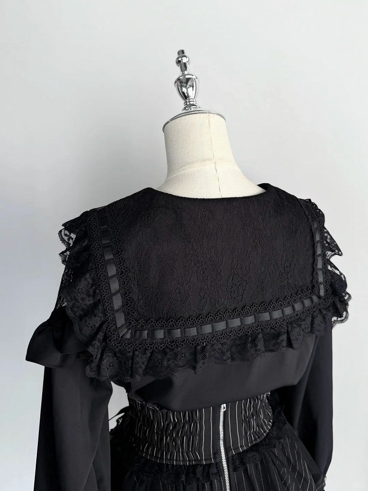 Black Rhinestones Bowknots Blouse Jirai Kei Sailor Collar Ruffled Lace Trim