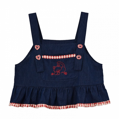 Red Plaid Hem Kitty Embroidery Buttons Heart Blue Sleeveless Top