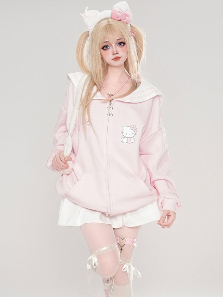 Pink/Light Blue/Grey/Black Kitty Print Sailor Collar Zip Closure Thick Sweatshirt
