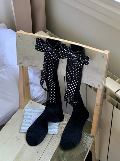 Under-knee Polka-dot Stockings White/Black Pattern Bowknot Design