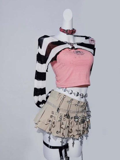 Punk Khaki Asymmetrical Hem Pin Skeleton Cross Skirt
