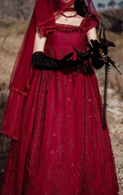 Robe taille empire cathédrale rouge style gothique Lolita JSK