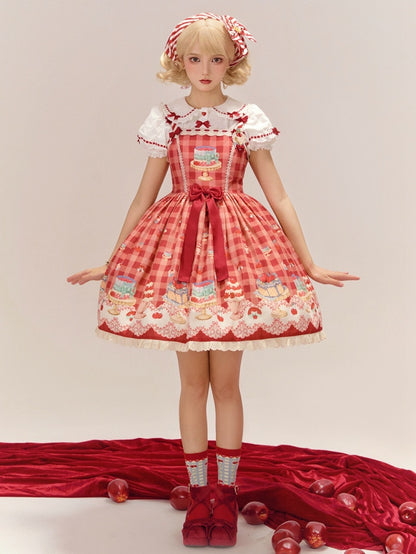 Red Gingham Pattern Cherry and Dessert Sweet Lolita Jumper Skirt