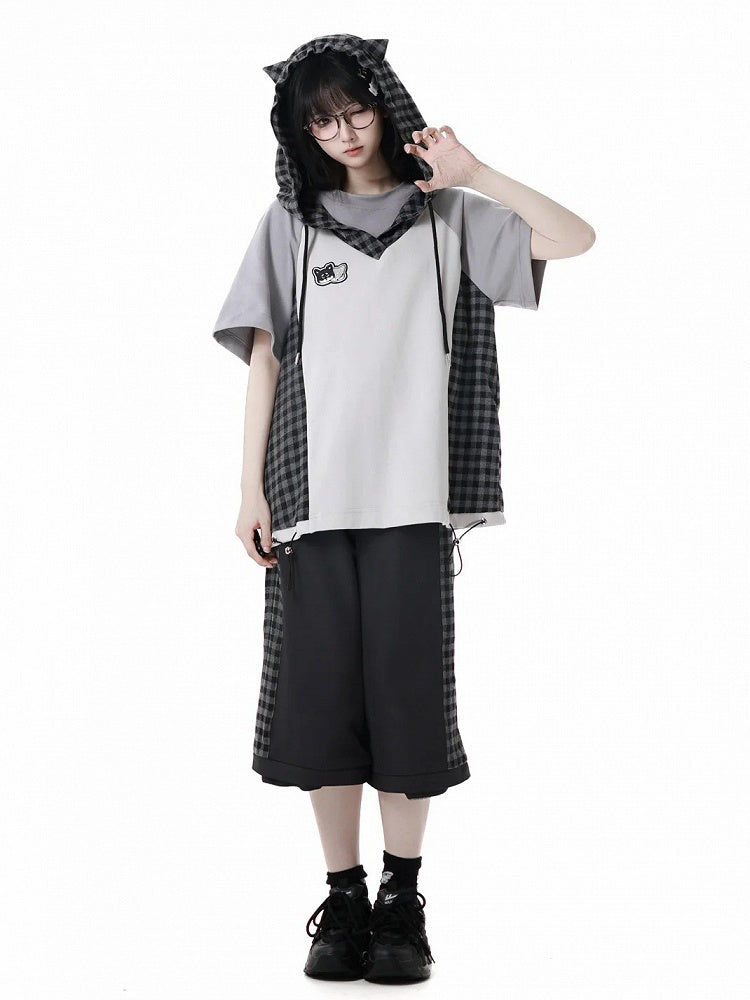 Wear Ways Zip Cuffs Techwear Two Pants/Shorts Black Plaid with Snap Belt
