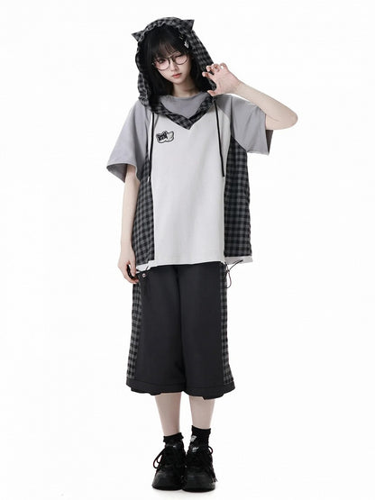 Wear Ways Zip Cuffs Techwear Two Pants/Shorts Black Plaid with Snap Belt