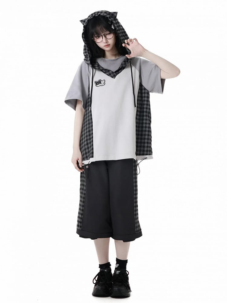 Techwear T-Shirt Plaid Patchwork Design Wolf Embroidery Wolf Ears Hood Gray