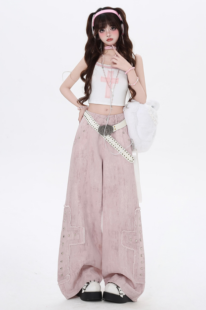 Pink High Work Straight Pants Leg Denim Waist