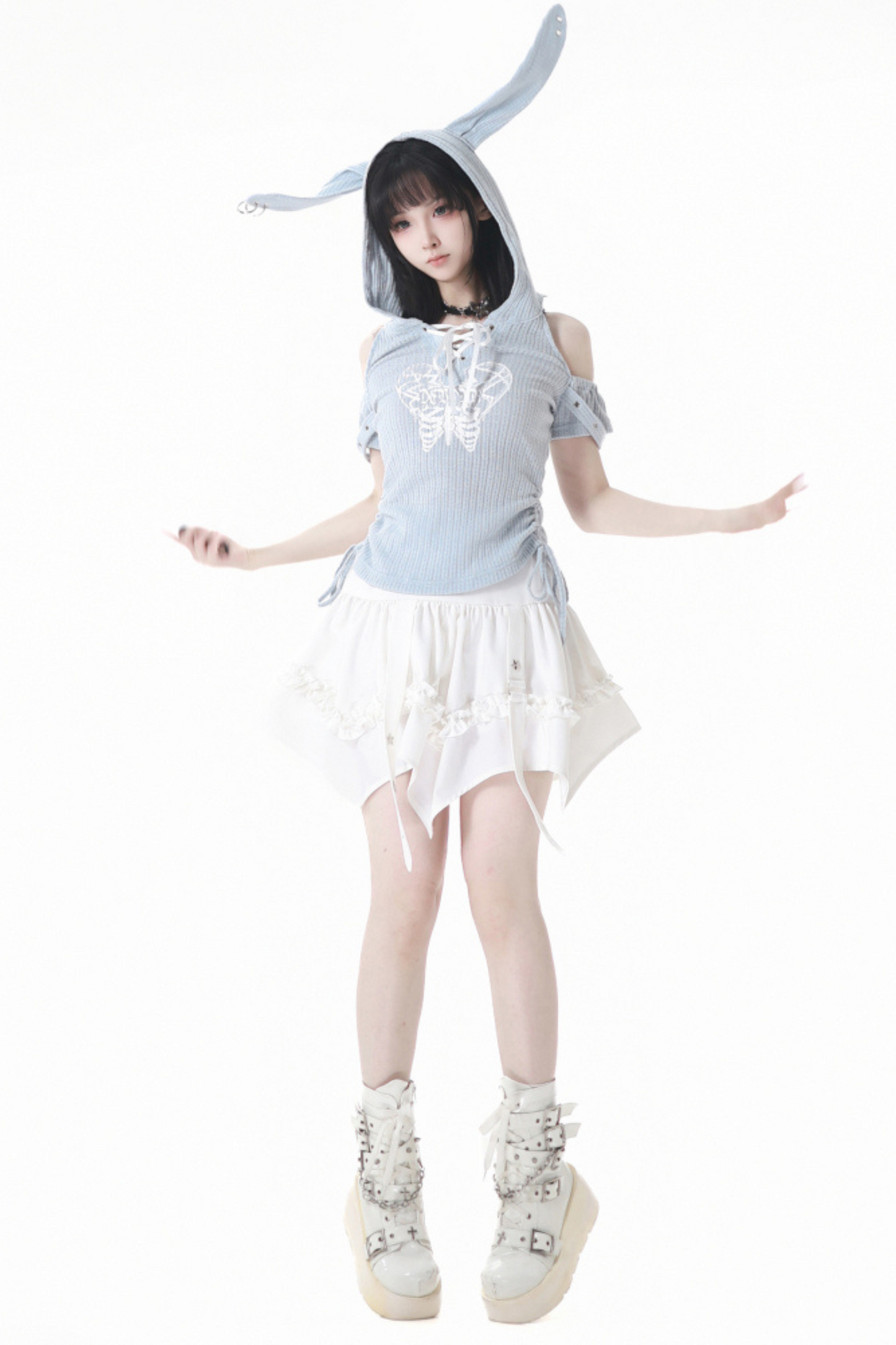 off-the-shoulder cake top + Rabbit hooded skirt