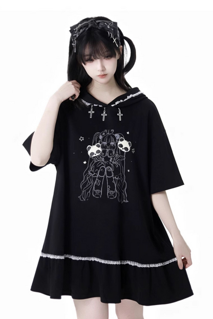 Loose Pants Top Frilled Hooded + Warmers Leg Half Dress Nektor