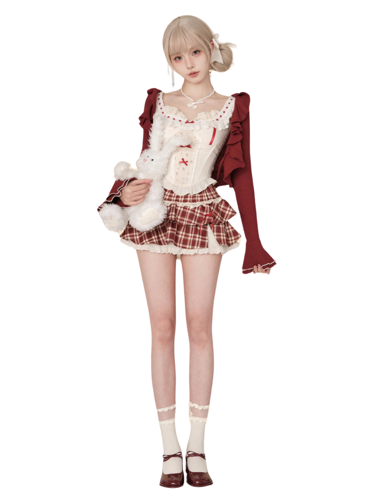 Wine Cherry Red Skirt + Top Waist Vest Cardigan Red Summer Red Check + High Sweet Suit