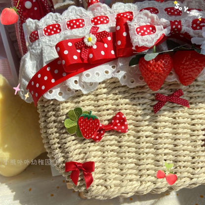 Crochet Bag Red Strawberry and Bowknot Decorative Tote Bag