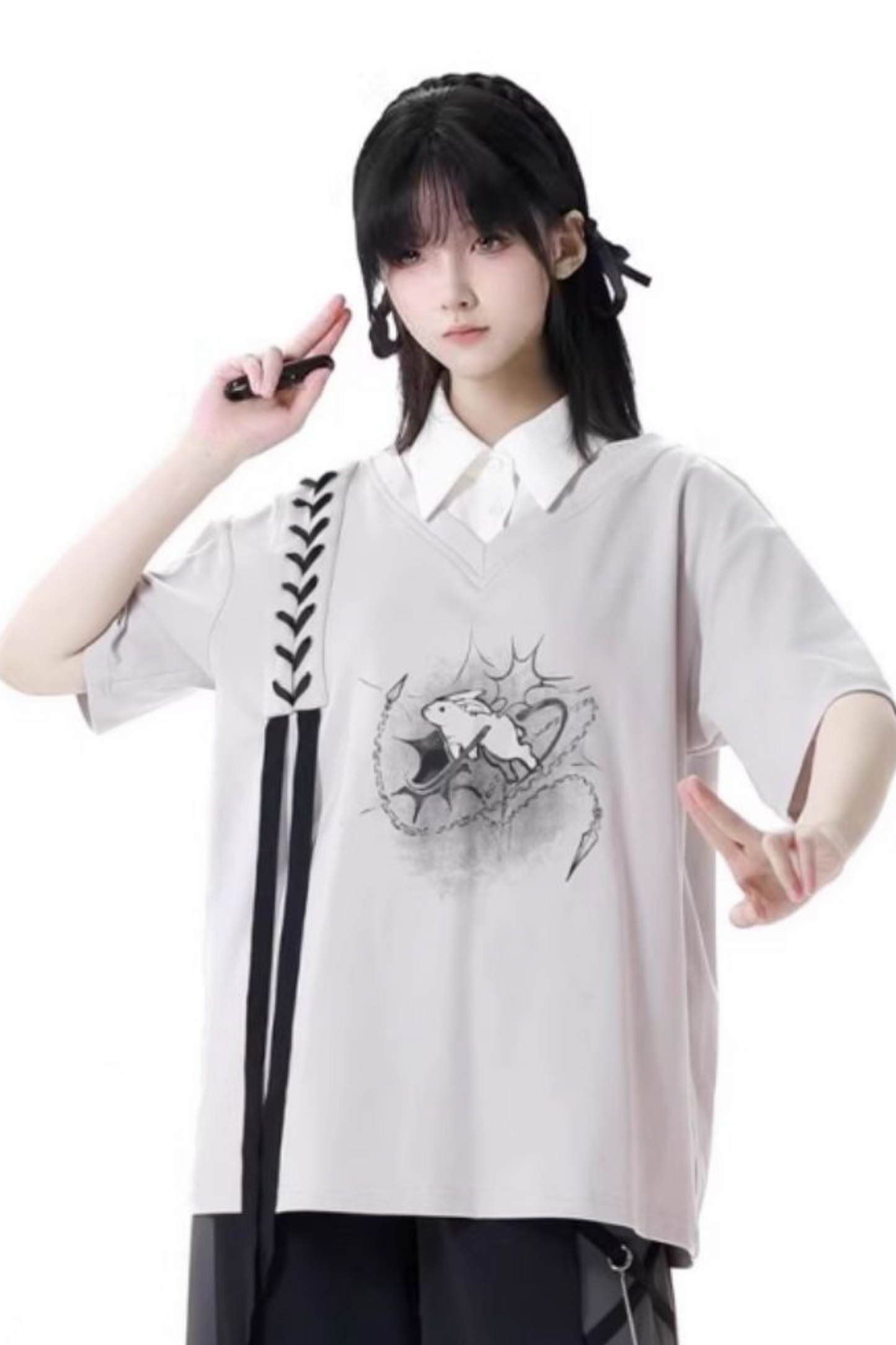 Mode top T-shirt pants wide + design lace-up waist