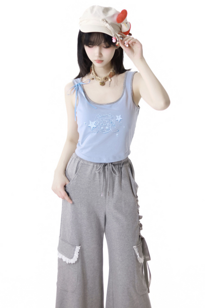 One-shoulder top + pants lace-up camisole