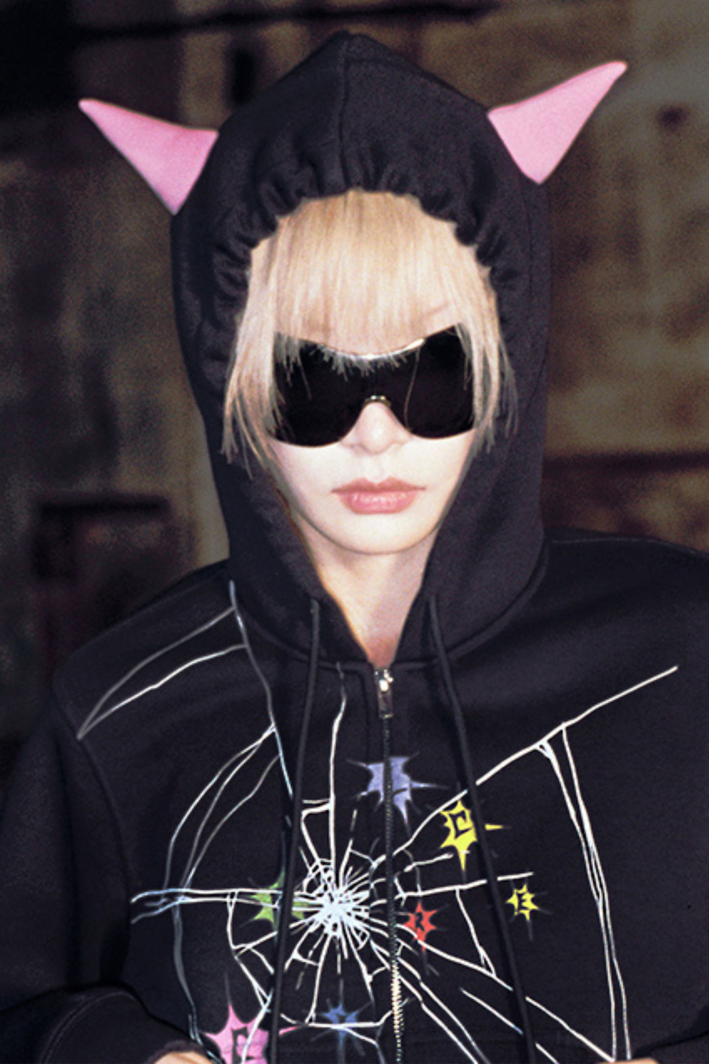 Devil Pointed Crackle Hooded Short Sweatshirt