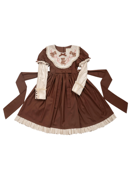 ロリータテディベアフラップレースパフスリーブリボンデレス