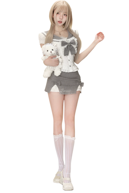 White Grey Sugar French Milk + Skirt Top Cream Sailor Tight Mini